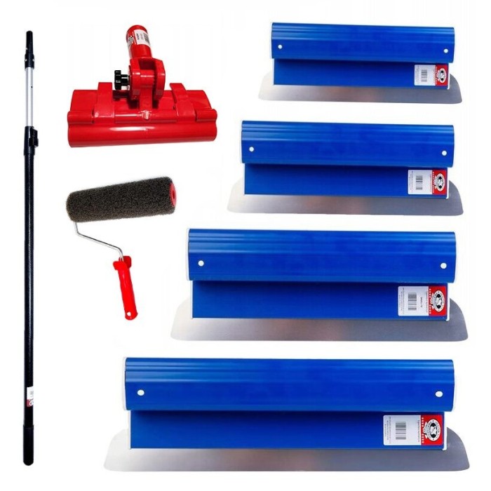 Set 4 gletiere profesionale, inox, 25, 40, 60, 80 cm, suport, maner prelungitor 0.9-1.43 m, rola gletuit, Ergolite