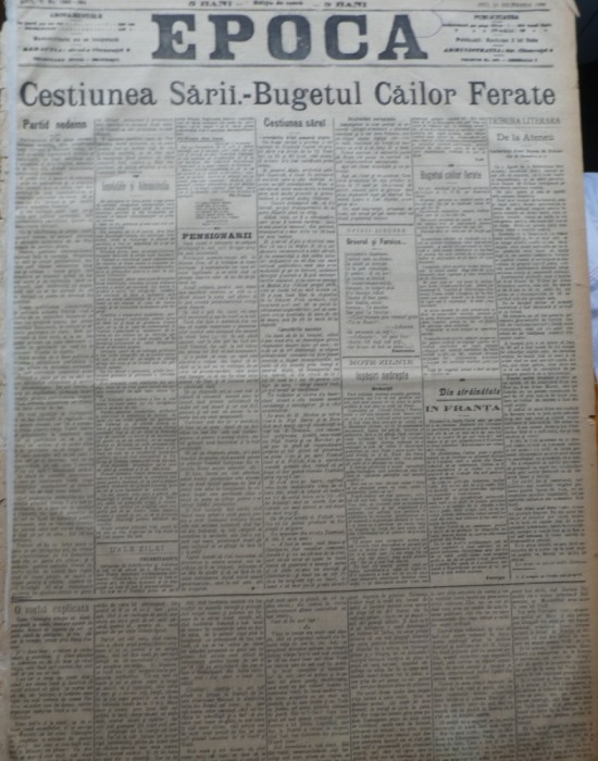 Ziarul Epoca, 16 Decembrie 1899 ; Cestiunea sarii ; Bugetul Cailor Ferate