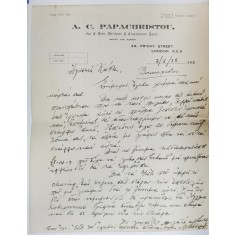 SCRISOARE COMERCIALA EXPEDIATA DE A.C. PAPACHRISTOU , NEGUSTOR LONDONEZ DE BLANURI , UNUI CLIENT BUCURESTEAN , 2 MAI 1938