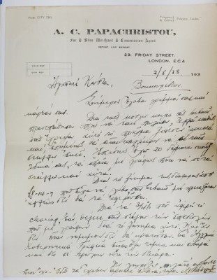 SCRISOARE COMERCIALA EXPEDIATA DE A.C. PAPACHRISTOU , NEGUSTOR LONDONEZ DE BLANURI , UNUI CLIENT BUCURESTEAN , 2 MAI 1938 foto
