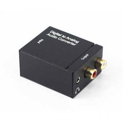 Convertor semnal audio digital coaxial / SPDIF toslink la semnal analog RCA L / R + jack 3.5mm, cablu optic, RCA si de alimentare inclus, negru foto