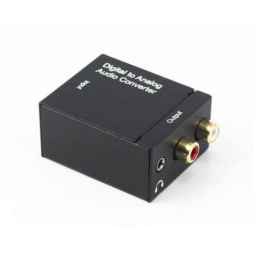 Convertor semnal audio digital coaxial / SPDIF toslink la semnal analog RCA L / R + jack 3.5mm, cablu optic, RCA si de alimentare inclus, negru