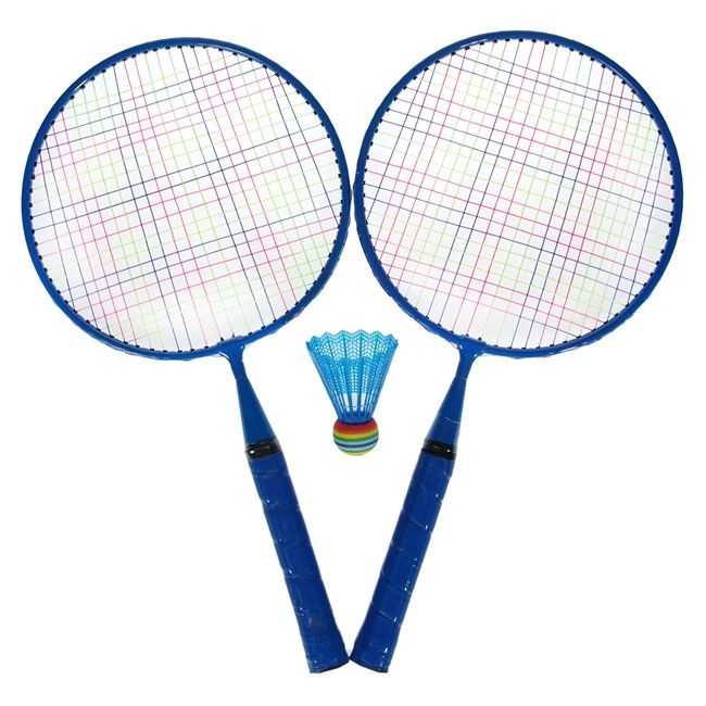 Set badminton ce contine 2 rachete albastre cu dimensiunea de 35 X 22 X 60 cm si un fluturas