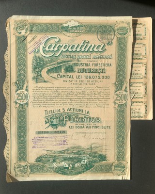 Carpatina - Industria Forestiera - Actiuni 2500 lei - Bucuresti - 1947 foto