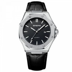 BinBond Ceas barbatesc Quartz Elegant Piele Argintiu Negru