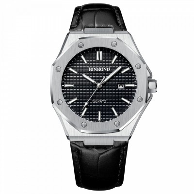 BinBond Ceas barbatesc Quartz Elegant Piele Argintiu Negru foto