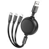 Cablu USB-A, tip C, Lightning, micro-USB, lungime 1m, cu 3 capete de incarcare, negru