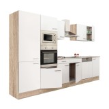 Yorki 340 &ndash; mobilier de bucătărie cu corp din stejar Sonoma, cu fațade albe cu finisaj satinat și dulap cu rafturi, fără blat de lucru