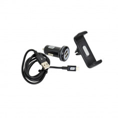 Set suport auto telefon cu incarcator bricheta Fast Charge cu 2 iesiri USB si cablu cu cablu conector hibrid MicroUSB MFi Doc foto