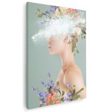 Tablou colaj portret fantezie femeie cu flori, verde 1354 Tablou canvas pe panza CU RAMA 70x100 cm