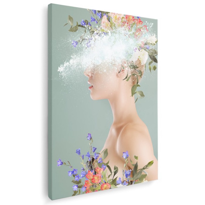 Tablou colaj portret fantezie femeie cu flori, verde 1354 Tablou canvas pe panza CU RAMA 40x60 cm