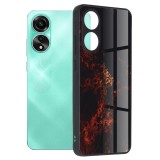 Husa telefon compatibila oppo a78 4g, glass spate din sticla securizata, red nebula