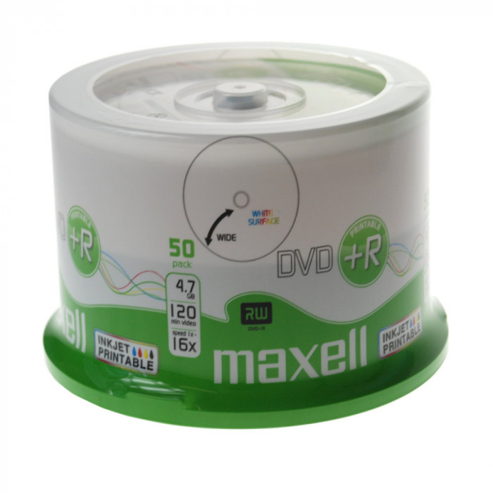 Maxell - DVD+R, 4.7Gb, 16X , Maxell, Printabil Inkjet , Cake Box 50 buc pret set