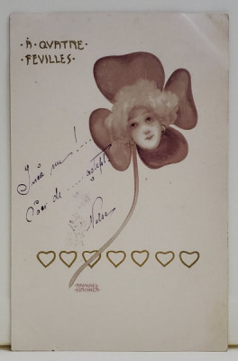 A QUATRE FEUILLES , TANARA CU TRIFOI CU PATRU FOI , CROMOLITOGRAFIE DUPA O GRAVURA de RAPHAEL KIRCHNER , CARTE POSTALA , CLASICA foto