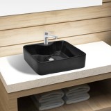 Chiuvetă de baie pătrată din ceramică cu gaură pentru robinet, negru, vidaXL