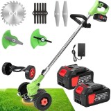 Motocoasa electrica cu 2 acumulatori, putere 1500W, cu 3 unghiuri de taiere, baterie 48V, din ABS si metal, cu roti pentru transport si ghidaj, verde