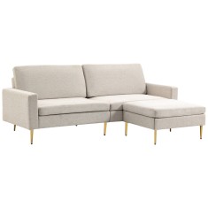 HOMCOM Canapea cu Taburet pentru Picioare, Canapea Extensibila cu 3 Locuri &icirc;n Formă de L cu Spătar Reglabil, 213x91x83 cm, Crem | Aosom Romania