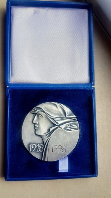 D104-I-Medalia militara jubiliara Polonia-1918-1998. Bronz argintat 7 cm. foto