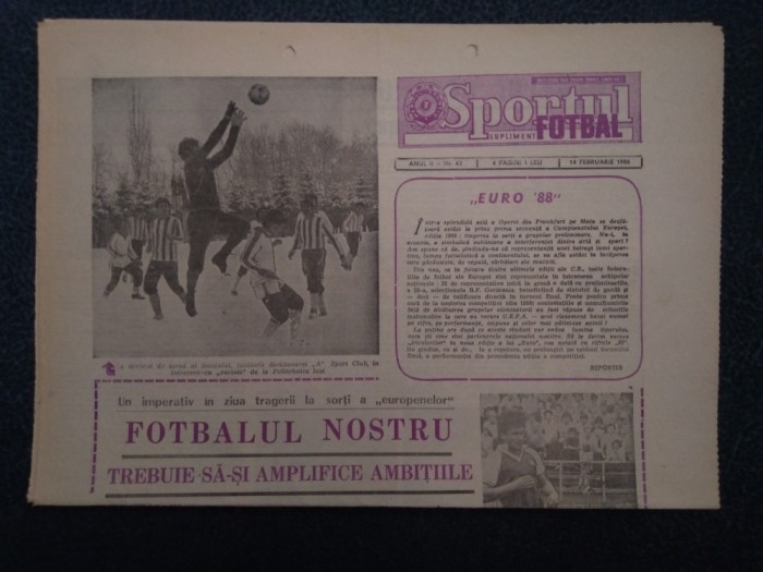ZIARUL SPORTUL SUPLIMENT FOTBAL 14 FEBRUARIE 1986