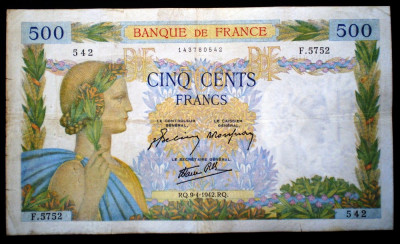 344 FRANTA WWII 500 FRANCS FRANCI 9.4.1942 SR. 542 foto