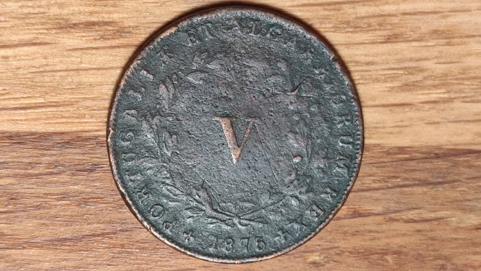 R08 Portugalia - moneda de colectie - 5 V reis 1875 - Luis I - foarte greu de gasit
