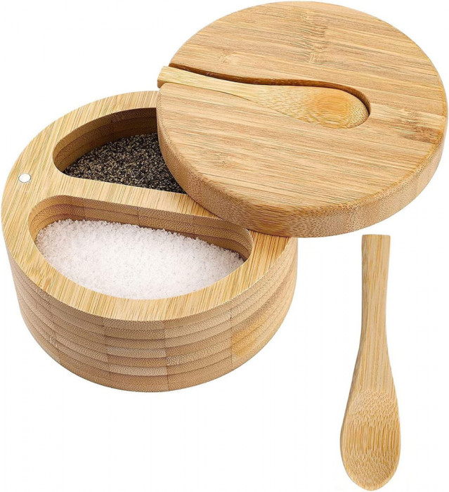 Cutie de sare și piper din bambus CYTOOL cu lingură, cutie de depozitare pentru