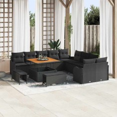 vidaXL Set canapea grădină cu 13 piese, perne, ratan negru lucios, acacia foto