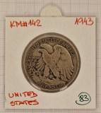 United States, Statele Unite, America, HALF DOLLAR, 50 cent,1943,KM#142, Argint, America de Nord