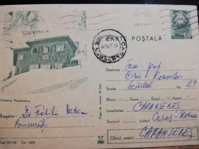 Carte postala circulata 1973, Cabana Postavarul, Turism, Caransebes foto