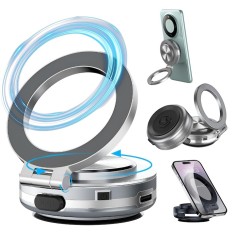Suport Telefon cu Ventuză Salestore.ro&reg; &ndash; Magnet N55, Rotire 360&deg;, Pliere 270&deg;, Fixare Stabilă, Argintiu