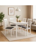Set masa living si bucatarie Bali, MDF, 112x72x74 cm si 4 scaune Hudson, lemn masiv, tapiterie stofa, 100 kg, alb