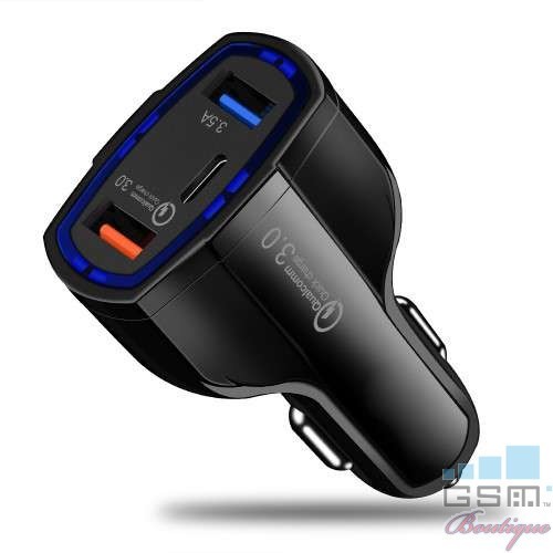 Incarcator Masina HTC U11+ Dual USB Si USB Tip C Negru Incarcator Masina HTC U11+ Dual USB Si USB Tip C Negru