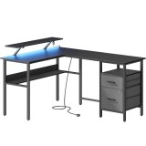VASAGLE Birou in forma de L, suport monitor, raft si 2 sertare, 4 prize si 2 USB, 120x150x76 cm, negru Household NewTrend