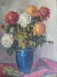 Cumpara ieftin Vas cu crizanteme - pictură &icirc;n ulei, nesemnată (posibil E. Muller Stăncescu), Flori, Impresionism