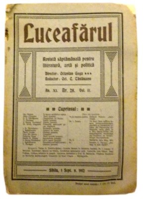 Revista LuceafarulNr. 28Volumul II1 sept. 1912 foto