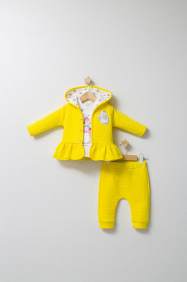 Set 3 piese: pantaloni, bluzita si hainuta cu gluga eleganta pentru bebelusi Crazy Penguins, Tongs baby (Culoare: Galben, Marime: 12-18 Luni) foto
