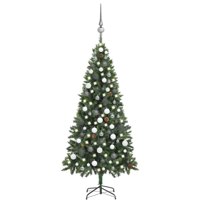 Brad Crăciun artificial pre-iluminat globuri/conuri pin 180 cm