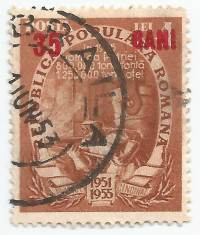 Romania, LP 320a/1952, Pl. cincinal, supr., 35 BANI pe 4 lei rosu, eroare, obl. foto