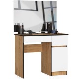 Masa de toaleta/machiaj, 2 sertare dreapta, cu oglinda, dulap, alb si stejar, 90x50x77/142 cm, Akord Furniture Factory