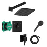 Set de duș, Hansgrohe, cu baterie DuoTurn E, iBox 2, pălărie Pulsify E 260 și pară de duș, cot racord și furtun, negru mat