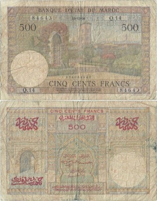 1956 ( 19 XII ) , 500 francs ( P-46a.3 ) - Maroc foto