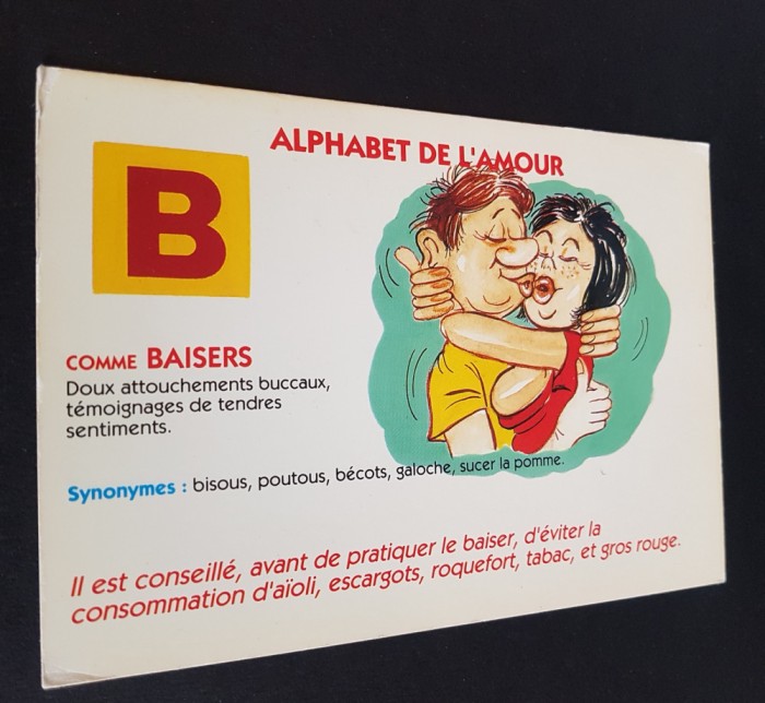 Alphabet de l&#039;amour: B comme Baisers&#039;, anii &#039;70 -Carte poștală vintage umoristică franțuzească