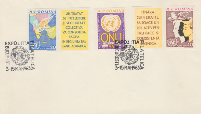 1963 Expozitia filatelica BUCURESTI plic stampila speciala, serie ONU nedantelat