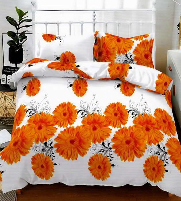 Lenjerie de pat matrimonial cu husa elastic pat si fata perna patrata, September, bumbac mercerizat, multicolor