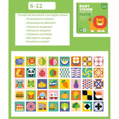 Set 20 carti pentru stimulare vizuala si cognitiva bebelusi, tip Montessori, cu imagini color, 6-12 foto
