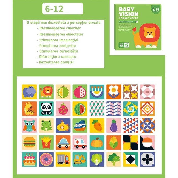 Set 20 carti pentru stimulare vizuala si cognitiva bebelusi, tip Montessori, cu imagini color, 6-12