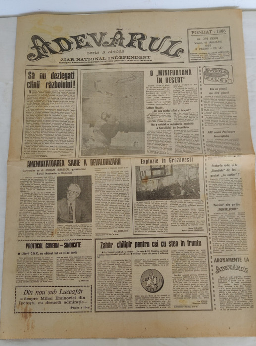 Ziarul ADEVĂRUL (15 ianuarie 1993) Anul III nr. 850