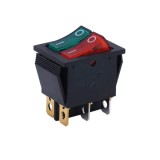 Intrerupator basculant rocker dublu, iluminat rosu-verde, ON, OFF cu mentinere, 16A 250V AC, 32x25 mm, montaj panou, FL3-KCD3-2101-01-RG