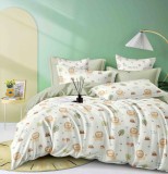 Cumpara ieftin Lenjerie pat single,bumbac finet,4 piese,cearceaf normal,alba verde cu lei-A838, Jojo Home