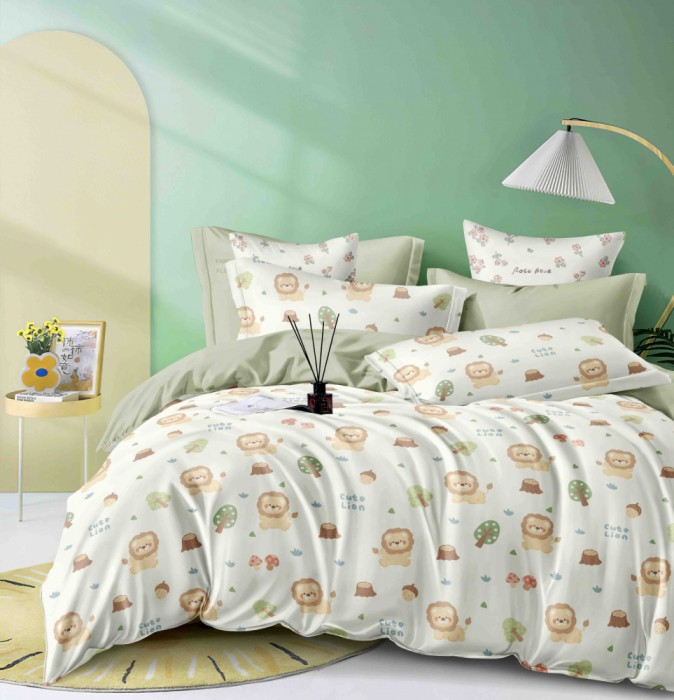 Lenjerie pat single,bumbac finet,4 piese,cearceaf normal,alba verde cu lei-A838